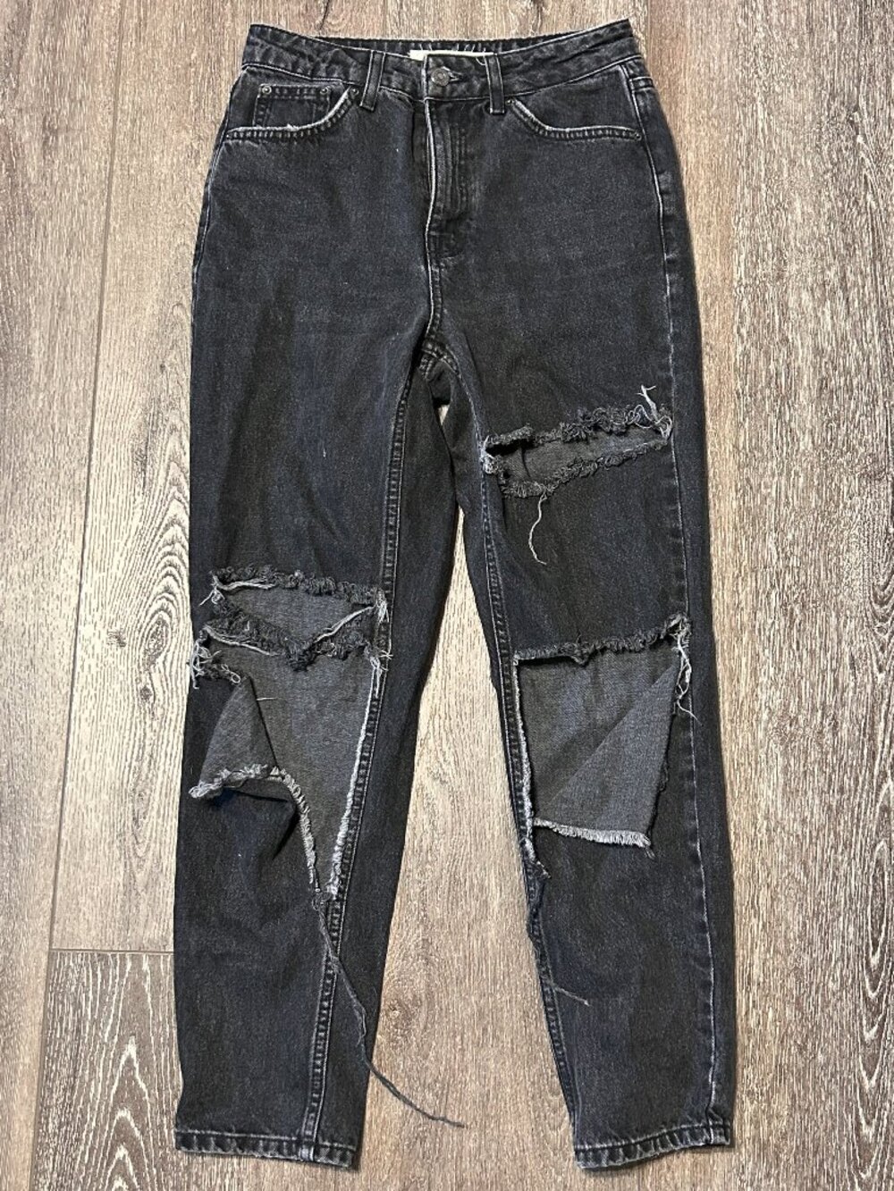 TOPSHOP MOM Jeans Women 25x30 Moto Black Denim Pants Distressed Ripped